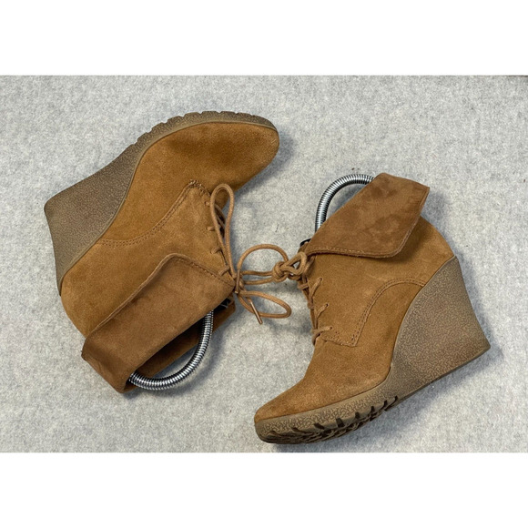 Mia Boots Womens Chaysee Ankle Booties Tan Leather Lace Up Wedge Heels Size 6 - Picture 1 of 8